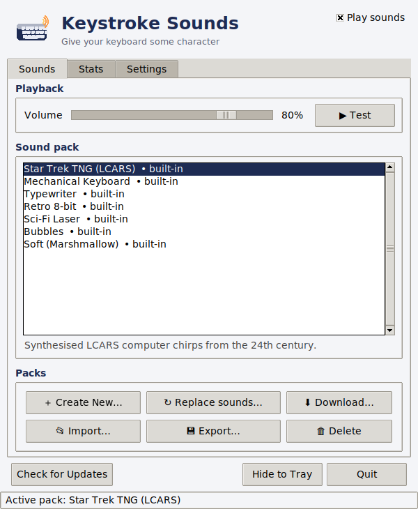 Keystroke Sounds app window with sound packs including Star Trek TNG (LCARS)