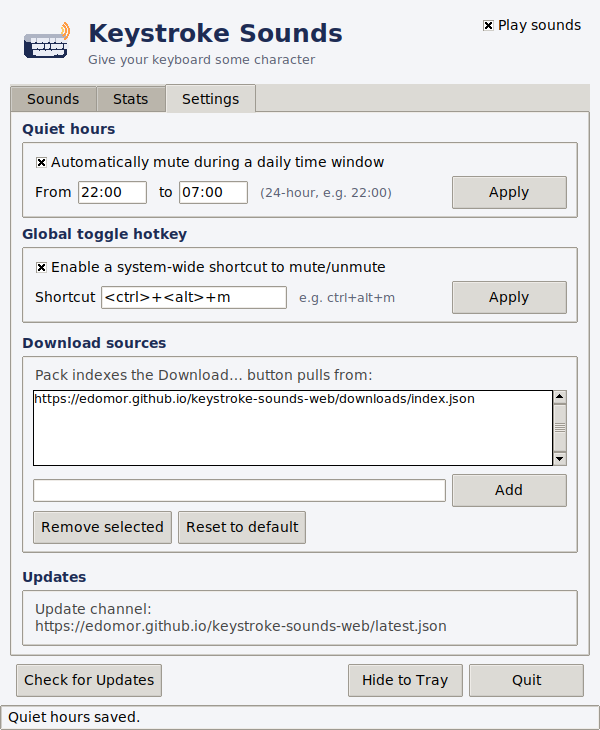 Settings tab: quiet-hours schedule from 22:00 to 07:00 and a global mute hotkey set to Ctrl+Alt+M