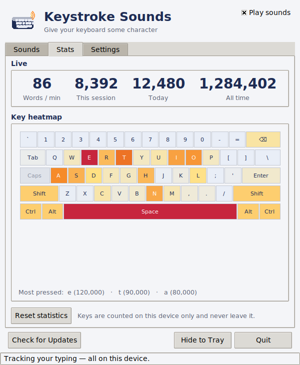 Stats tab: live words-per-minute, session, today and all-time keystroke counts, and a colour key heatmap of the whole keyboard